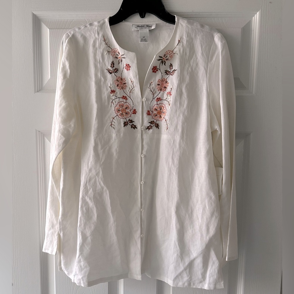 JUDITH HART PETITES LINEN COTTON BEADED Embroidered tunic 12 P